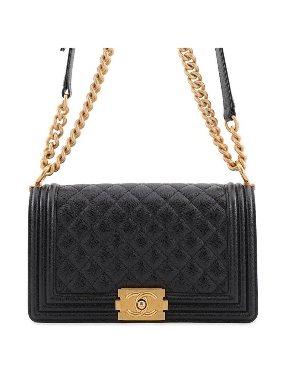 Chanel Chain Shoulder Bag CC Logo Boy Caviar Leather Black